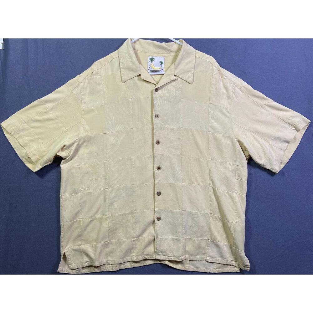 Banana Cabana 100% Silk Hawaiian Button Up Shirt Mens XXL Floral Tropical Beige